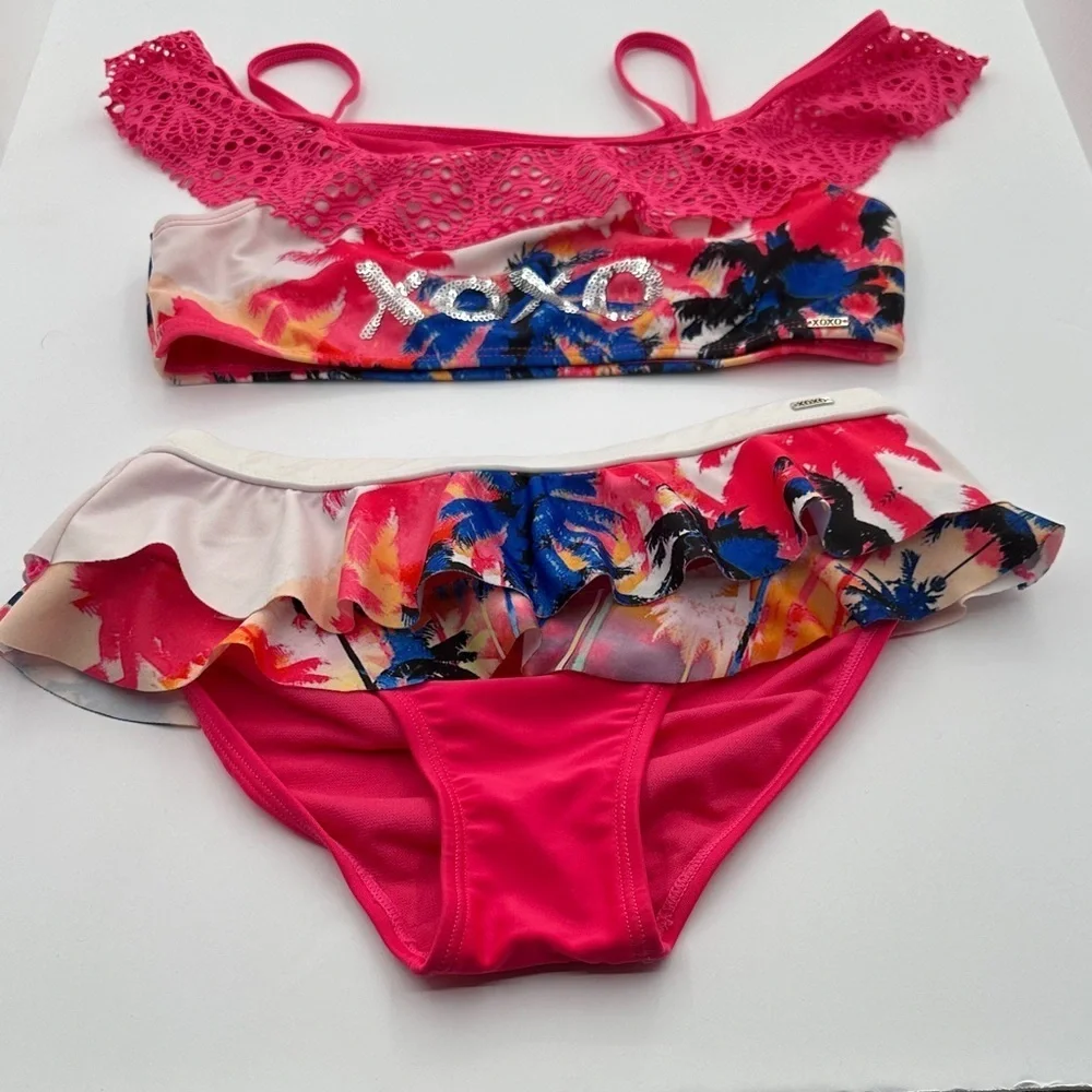 XOXO Pink and Multicolor Tropical Bikini Size 8/10